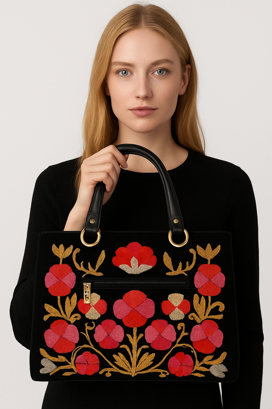 Amrie Red & Black Jute Tote Bag – Stylish Eco-Friendly Bag for Women