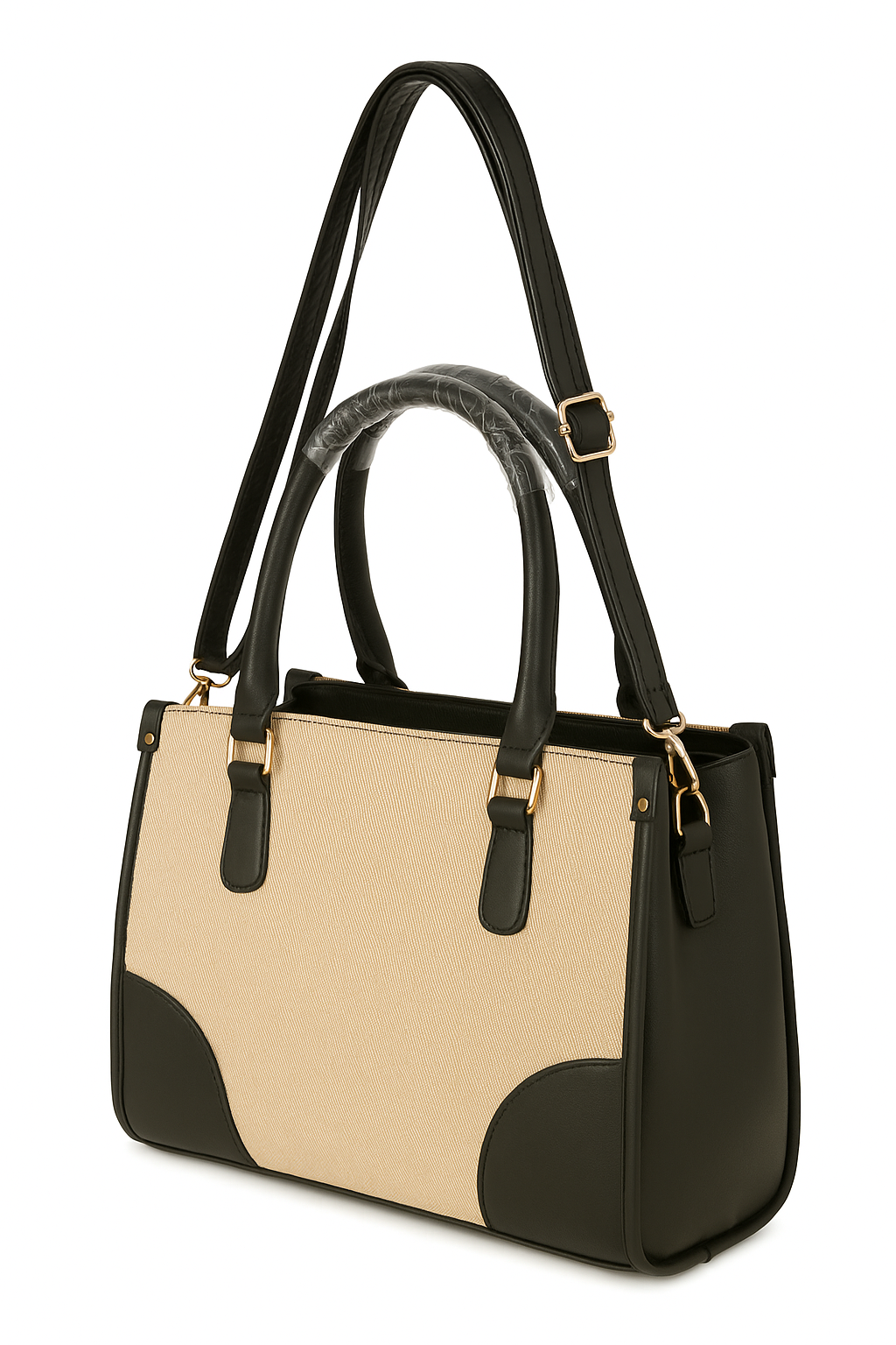 Amrie Black & Beige PU Tote Bag – Premium Stylish Handbag for Women