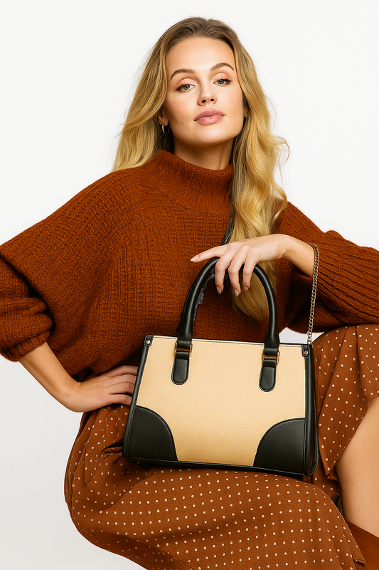 Amrie Black & Beige PU Tote Bag – Premium Stylish Handbag for Women